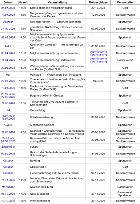 Datum Uhrzeit Veranstaltung Meldeschluss Veranstalter 06.01.2026 18:00 Stärke antrinken mit Eisbeinessen 20.12.2025 GbR 17.01.2026 14:30 12.01.2026 Seniorenverein Februar Schlitten Fahren → Witterungsabhängig Sportverein 21. 02.2026 14:30 03.02.2026 Seniorenverein 08.03.2026 14:30 Sportverein März 03.03.2026 Seniorenverein 08.04.2026 17:00 Mitgliederversammlung Seniorenverein Seniorenverein 11.04.2026 17:00 Mitgliederversammlung Gartenverein  Gartenverein 30.04.2026 18:00 GbR Mai Paintball → Waldfrieden Suhl-Friedberg Sportverein 29.05.2026 19:30 10.04.26 Seniorenverein 13.06.2026 14:30 GbR Bogenschießen in Christes Sportverein 21.06.2026 13:00 GbR Juli Geocaching  Sportverein Kräuterwanderung 06.07.2026 Seniorenverein August Kletterwald Oberhof Sportverein 22.08.2026 14:30 03.08.2026 20.06.2026 September gokart Sportverein 09.09.2026 31.08.2026 Seniorenverein Oktober Bowling Sportverein Oktober Oktoberfest ? GbR Oktober Liedernachmittag mit Olaf Zimmermann 05.10.2026 Seniorenverein 14.11.2026 14:30 02.11.2026 Seniorenverein November Kerzenherstellung Gartenverein 06.12.2026 17:00 Nikolausabend 27.11.2026 12.12.2026 14:30 Weihnachtsfeier 30.11.2026 Seniorenverein Neujahrsempfang → gemeinsam mit den  Vereinen des Dorfes gemütlicher Nachmittag mit verschiedenen  Spielarten Mitgliederversammlung Sportverein,  anschließend Frauentagsfeier mit den Frauen  des Ortes Kochen mit Gewürzen → wo verwenden wir  sie geschlossene  Veranstaltung geschlossene  Veranstaltung Walpurgisfeuer →Veranstaltung der Vereine  des Dorfes (Dorffest GbR) Theaterbesuch Meiningen →Aufführung „ Die  Czàrdàsfürstin“ Dorffest → Veranstaltung der Vereine des  Dorfes (Dorffest GbR) 20.06. oder  27.06.2026 Teilnahme am Umzug zum Stadtfest in  Schleusingen 11.07. oder  18.07.2026 Sportfest + Grillnachmittag → gemeinsame  Veranstaltung Sportverein + Seniorenverein Sportverein  Seniorenverein 24.08. bis  28.08. 2026 Bayerwaldfahrt → wird zum letzten Mal  durchgeführt Gartenverein  Seniorenverein Besuch der Gartenbahnausstellung in  Schleusingen Mode im Wandel der Zeit → ein Nachmittag  zum Schmunzeln Gartenverein Sportverein